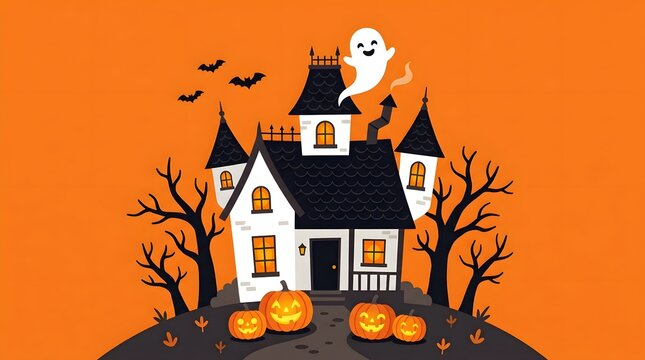 Cartoon haunted house with ghost and pumpkins on orange background