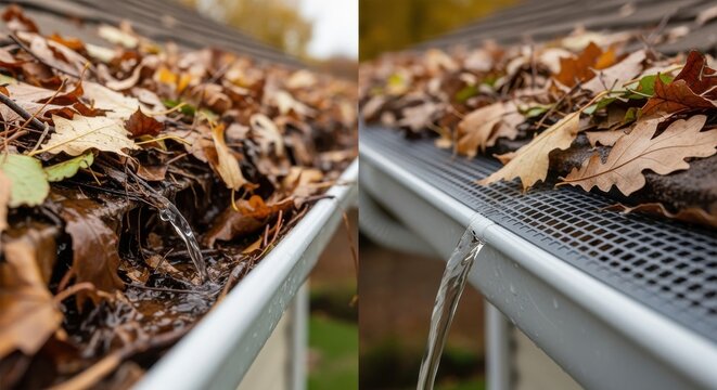 Comparison test footage displaying leaf retention on gutters with and without snapin gutter guards under same leaf load.
