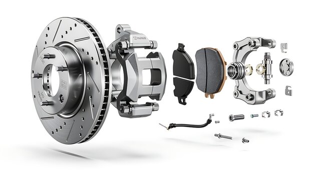 An exploded view diagram displays the components of a modern vehicle disc brake system.