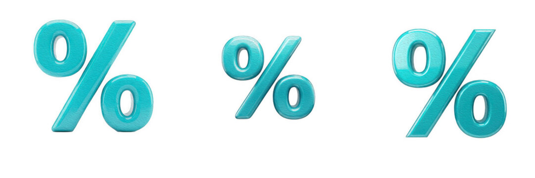 Glossy Cyan Percentage Signs and Percent Symbols Isolated on White Background Stock PNG Image