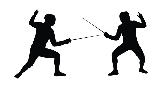 Two fencers in action facing each other with swords depicted as a black silhouette fencer fencing duel sport