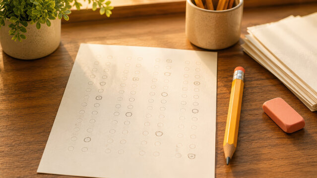 Blank answer sheet with circles for marking answers, placed on a wooden desk alongside a pencil, eraser, potted plant, and stacks of blank paper in a well-lit workspace