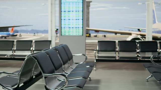 Empty international airport departure area has boarding gates, digital information screens and comfortable seating before passengers arrive and flight departures begin in the quiet modern terminal.