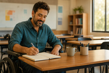 Obraz premium Man in wheelchair writing in notebook at wooden table inside classroom with bookshelves, pens, and a coffee cup, showcasing an inclusive learning environment for individuals with disabilities