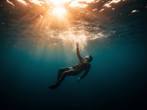 Man sinking deep underwater reaching hand up towards bright sunlight