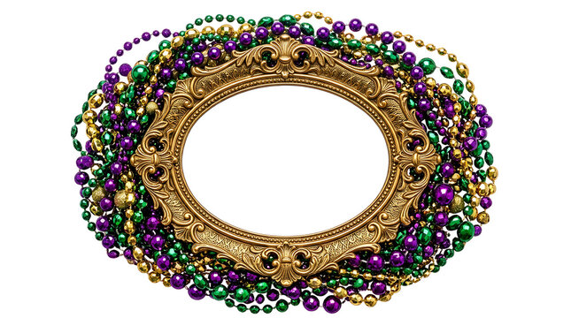 Ornate Gold Oval Picture Frame Decorated with Vibrant Purple Green and Gold Mardi Gras Themed Beaded Necklace Garlands on Isolated White Background