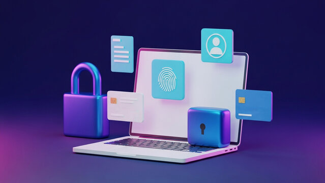 3D render of a laptop with cybersecurity icons: large purple padlock, biometric fingerprint, credit cards, user profile, and data documents on a dark blue and purple background.