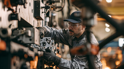 Fototapeta premium Mechanic in workshop performing machine repair with tools, focused hands and precision in industrial production line
