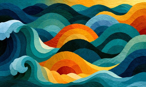 Abstract ocean waves design creating a dynamic pattern with textured layers and a palette of blues, greens, oranges, and yellows