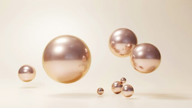 Abstract composition of floating rose gold metallic spheres on a beige background