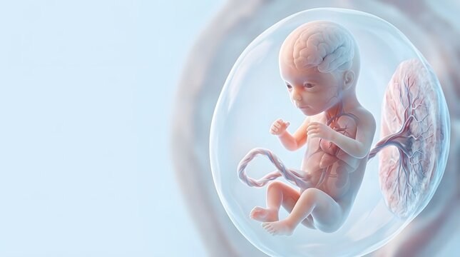 3D Medical Illustration of a Human Fetus Developing Inside the Protective Amniotic Sac During Pregnancy