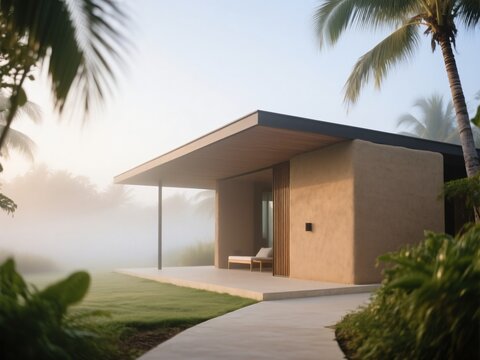 Modern rammed earth pavilion in foggy tropical morning