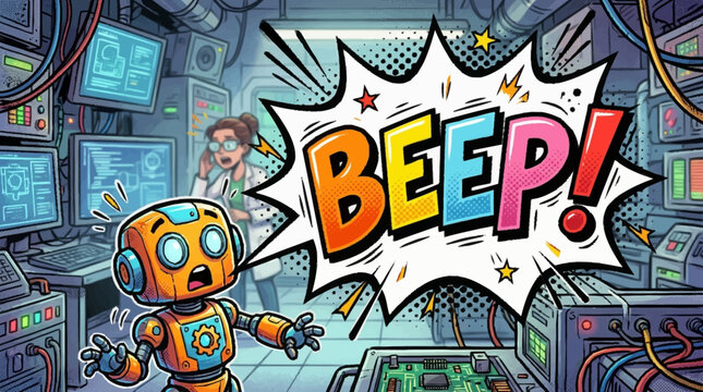 A cute little robot making a loud beep sound in a high tech laboratory environment.