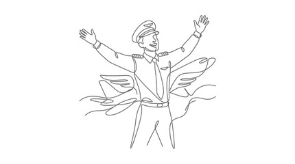 Continuous line drawing of an airplane pilot with wings. © rifki