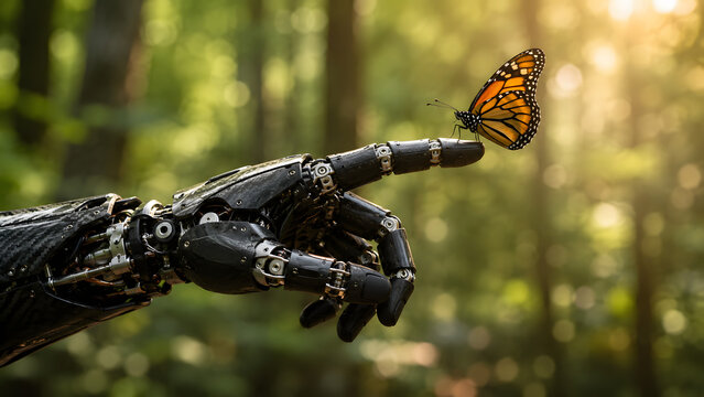 Futuristic robot hand holding a monarch butterfly in nature