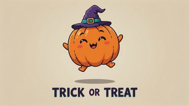 Cartoon pumpkin character wearing witch hat with trick or treat text