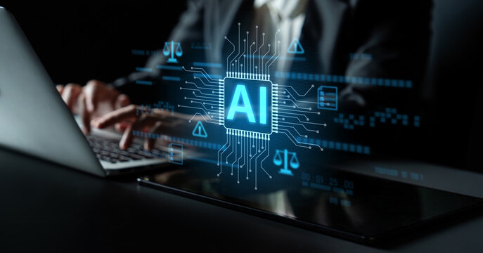 AI circuit microchip with glowing blue lines, surrounded by legal scales, warning symbols, data sheets, and binary codes, representing ethical AI, AI governance, and data integrity Latch