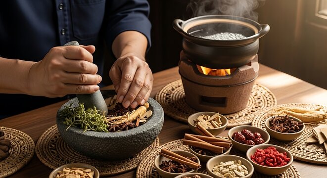 Herbal Medicine Preparation: Woman Grinding Herbs with Mortar and Pestle, Steaming Pot