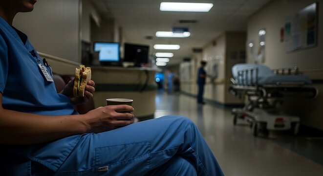 Nurse in Scrubs Eating Sandwich and Drinking Coffee in Hospital Corridor Break