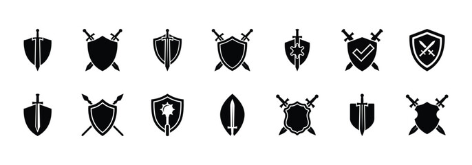 Set of knight shield and sword silhouette icons with heraldry silhouette medieval protection historical