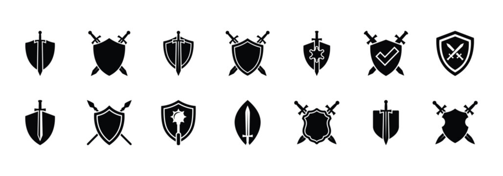 Set of knight shield and sword silhouette icons with heraldry silhouette medieval protection historical