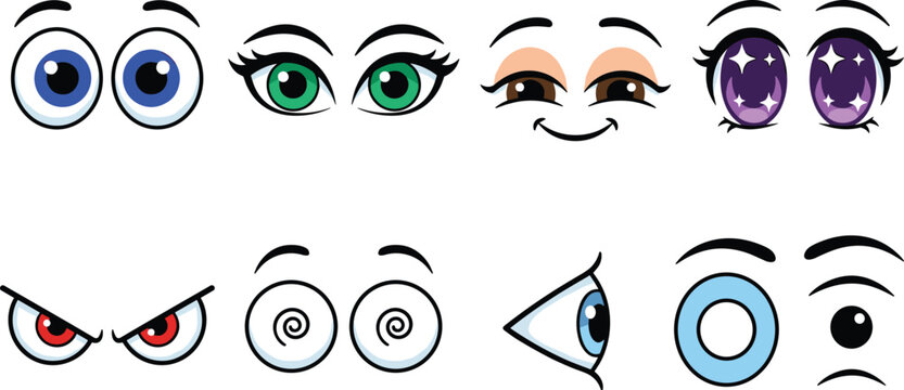 Cartoon Eyes Expression Vector Icon Set Featuring Cute Anime Glitter Angry Evil Happy Hypnotized and Stylized Comic Eyeballs for Character Mascot Graphic Designs