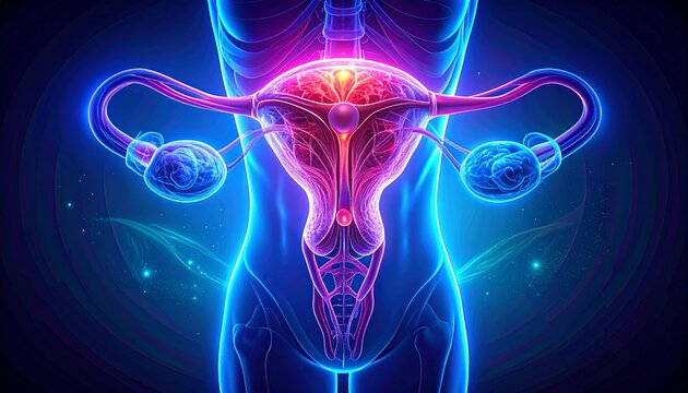 "Digital anatomical illustration of uterus, ovaries, and fallopian tubes in neon glow, symbolizing reproduction, anatomy, and biotechnology."
