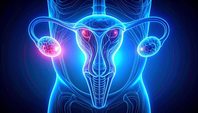 "Digital anatomical illustration of uterus, ovaries, and fallopian tubes in neon glow, symbolizing reproduction, anatomy, and biotechnology."