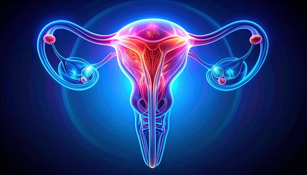 "Digital anatomical illustration of uterus, ovaries, and fallopian tubes in neon glow, symbolizing reproduction, anatomy, and biotechnology."