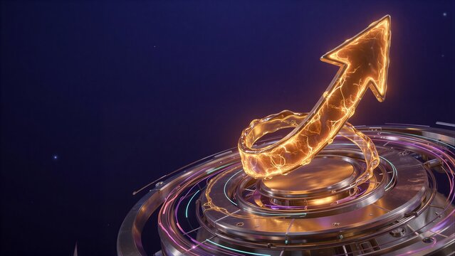 Golden arrow surges upward, glowing against dark cosmic backdrop with radiant circular patterns.