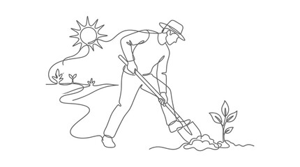 Obraz premium Continuous line drawing of a farmer digging in the garden with a shovel.