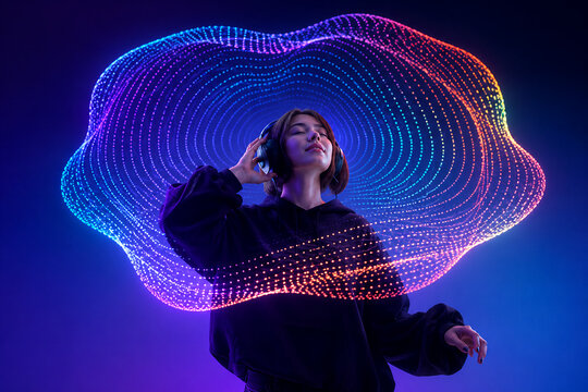 Woman listening to music with headphones. Digital sound wave visualization in neon light.
