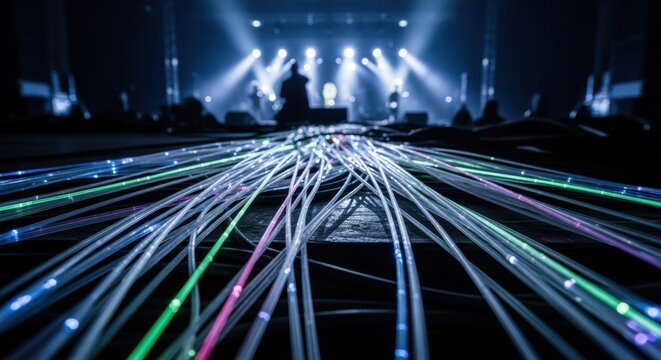Slow pan across translucent fiberoptic lines carrying data in a live gig environment emphasizing the critical role of advanced cabling technology.