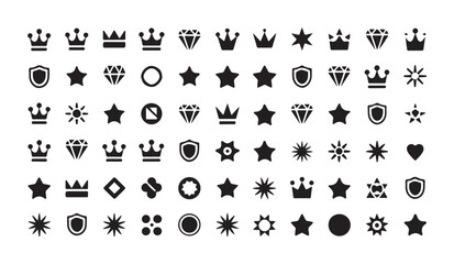Fototapeta premium Crowns diamonds stars shields and geometric icons isolated on white background.