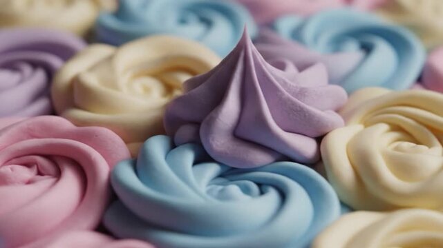 Pastel colored meringue frosting swirls shaped like roses in a close up view