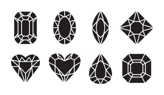 Various gemstone cuts and precious stones shapes set in flat black vector style for jewelry design projects.