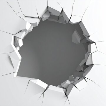 A jagged hole explodes outwards from a white textured surface, revealing darkness