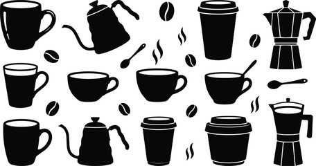 Obraz premium Coffee Brewing Equipment Silhouette Vector Set with Moka Pot, Gooseneck Kettle, Ceramic Mugs, Disposable Cups, and Roasted Beans for Cafe Branding