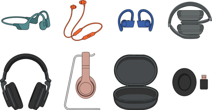 Headphones and Earbuds Vector Icon Set Featuring Wireless Earphones Over Ear Headset Charging Case Stand and Bluetooth Audio Gadgets for Tech Designs