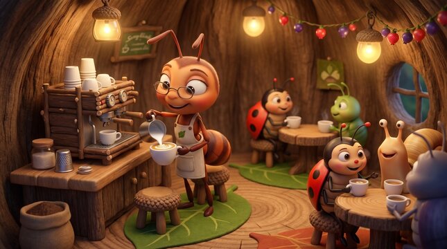 Friendly animated ant working as a barista in a charming woodland caf&eacute; surrounded by warm lighting and happy customers. Cozy lifestyle illustration celebrating hospitality and community.