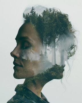 Woman profile portrait with double exposure silhouette art, pine forest in fog, dreamlike nature tranquility meditation