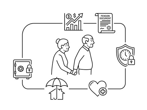 Retirement planning line vector concept. Senior couple financial security and savings icons.