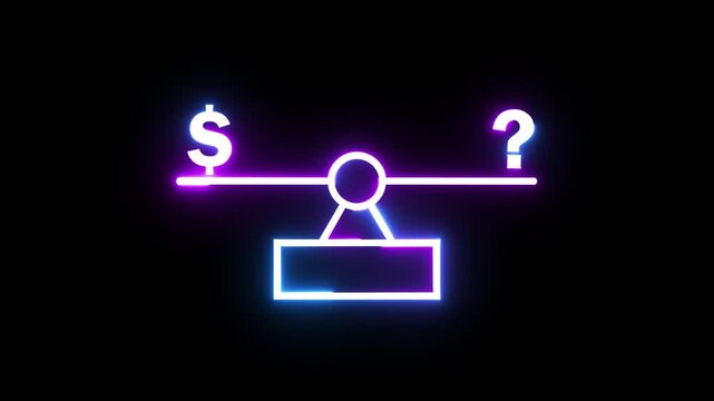 Neon scales balancing dollar sign and question mark symbol on black background for finance.