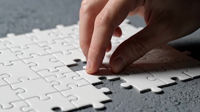 Person placing missing white jigsaw puzzle piece on grey background
