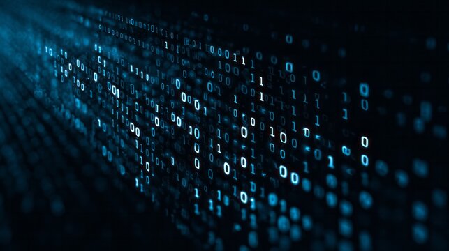 Digital data flows in a stream of binary code on a dark background.