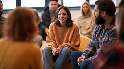 Fototapeta premium Diverse face to face discussion group meeting with teamwork and communication in a warm, supportive environment