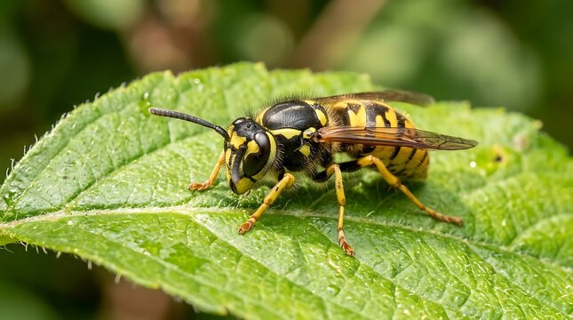 Yellow jacket wasp on a green leaf. Macro shot of a stinging insect in nature.