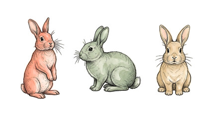 Fototapeta premium Watercolor rabbit illustrations set isolated on transparent background. Hand-drawn vintage bunny vector collection with colorful sketch details. Cute easter bunnies line art and watercolor vector set