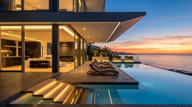 Luxury Modern Villa with Infinity Pool at Sunset Overlooking the Ocean