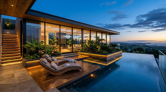 Luxury Modern Villa with Infinity Pool and Ocean View at Sunset